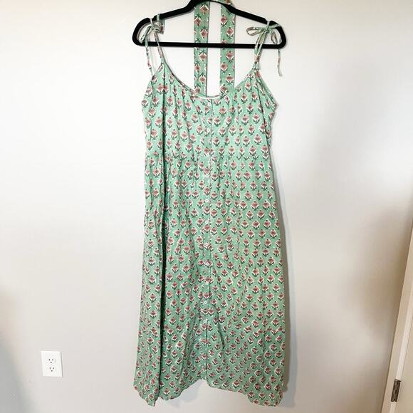 Marea green printed cotton midi dress tie shoulders women’s X-Large - Picture 1 of 9